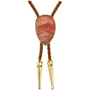 Pink Sunstone Gold Trim Bolo Tie with Brown Braided Vegan Leather Cord